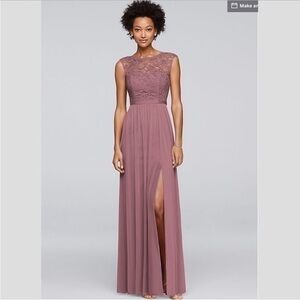 Lace Dusty Rose Prom Dress, Ribbon Waist & Flowy Bridesmaid Maxi David’s Bridal